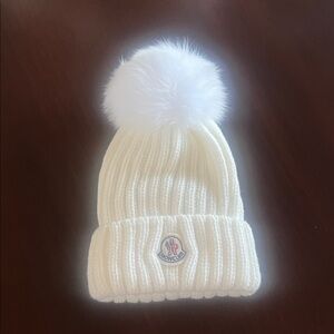 Authentic!Moncler White/Ivory Ribbed Beanie with Faux Fur Pom Pom. New with tag.